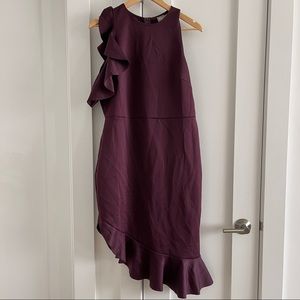 Asymmetrical eggplant ruffle detail dress